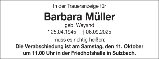 Traueranzeige von Barbara Müller von WochenSpiegel