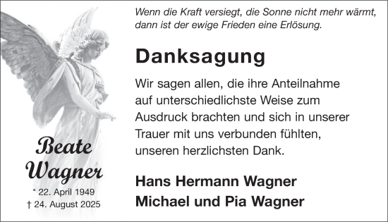 Traueranzeige von Beate Wagner von WochenSpiegel
