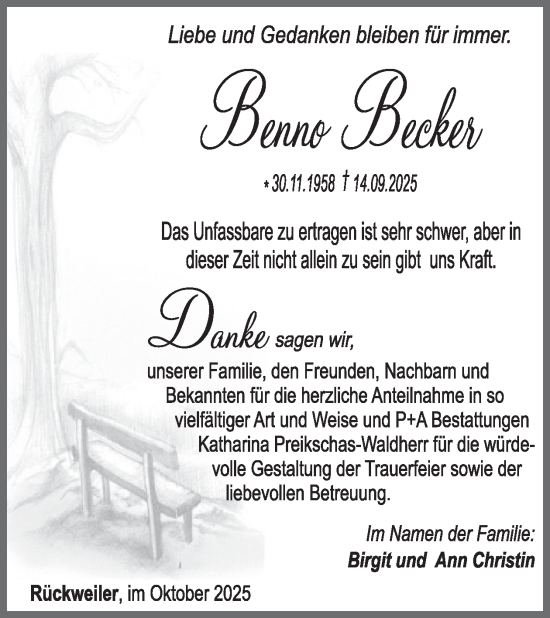 Traueranzeige von Benno Becker von WochenSpiegel