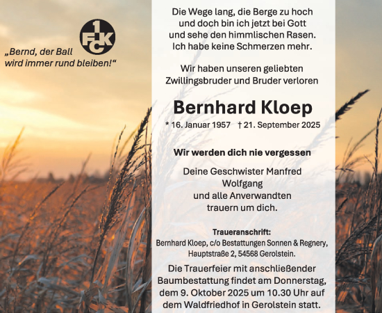 Traueranzeige von Bernhard Kloep von WochenSpiegel
