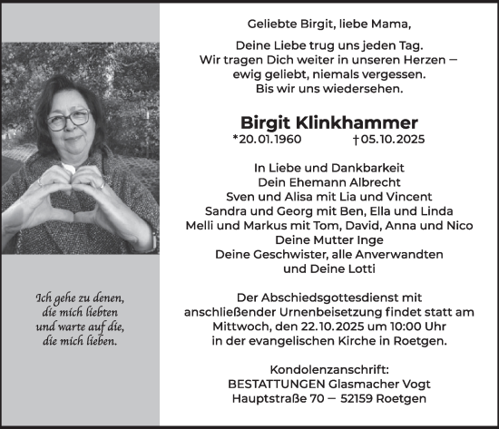 Traueranzeige von Birgit Klinkhammer von WochenSpiegel