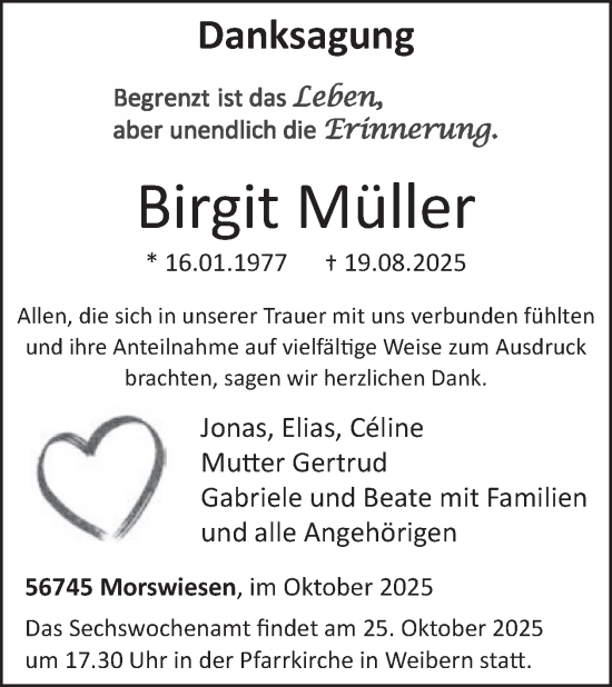 Traueranzeige von Birgit Müller von WochenSpiegel