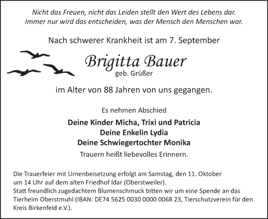 Traueranzeige von Brigitta Bauer von WochenSpiegel