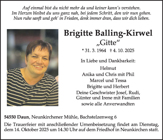 Traueranzeige von Brigitte Balling-Kirwel von WochenSpiegel
