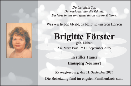 Traueranzeige von Brigitte Förster von WochenSpiegel
