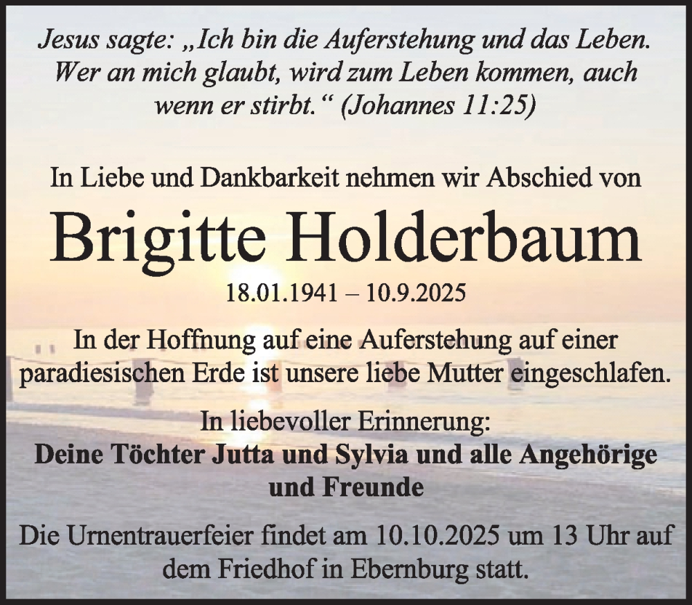  Traueranzeige für Brigitte Holderbaum vom 04.10.2025 aus WochenSpiegel