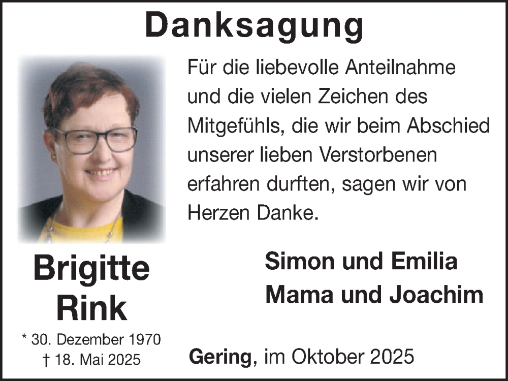  Traueranzeige für Brigitte Rink vom 15.10.2025 aus WochenSpiegel