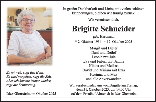 Traueranzeige von Brigitte Schneider von WochenSpiegel