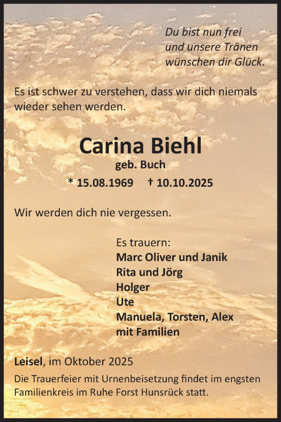 Traueranzeige von Carina Biehl von WochenSpiegel