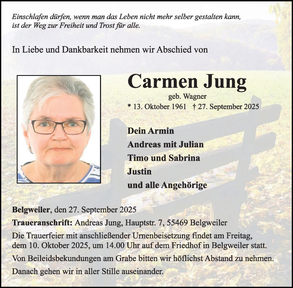  Traueranzeige für Carmen Jung vom 04.10.2025 aus WochenSpiegel