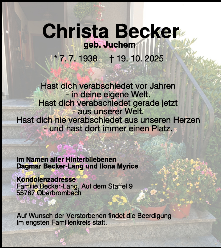  Traueranzeige für Christa Becker vom 31.10.2025 aus WochenSpiegel