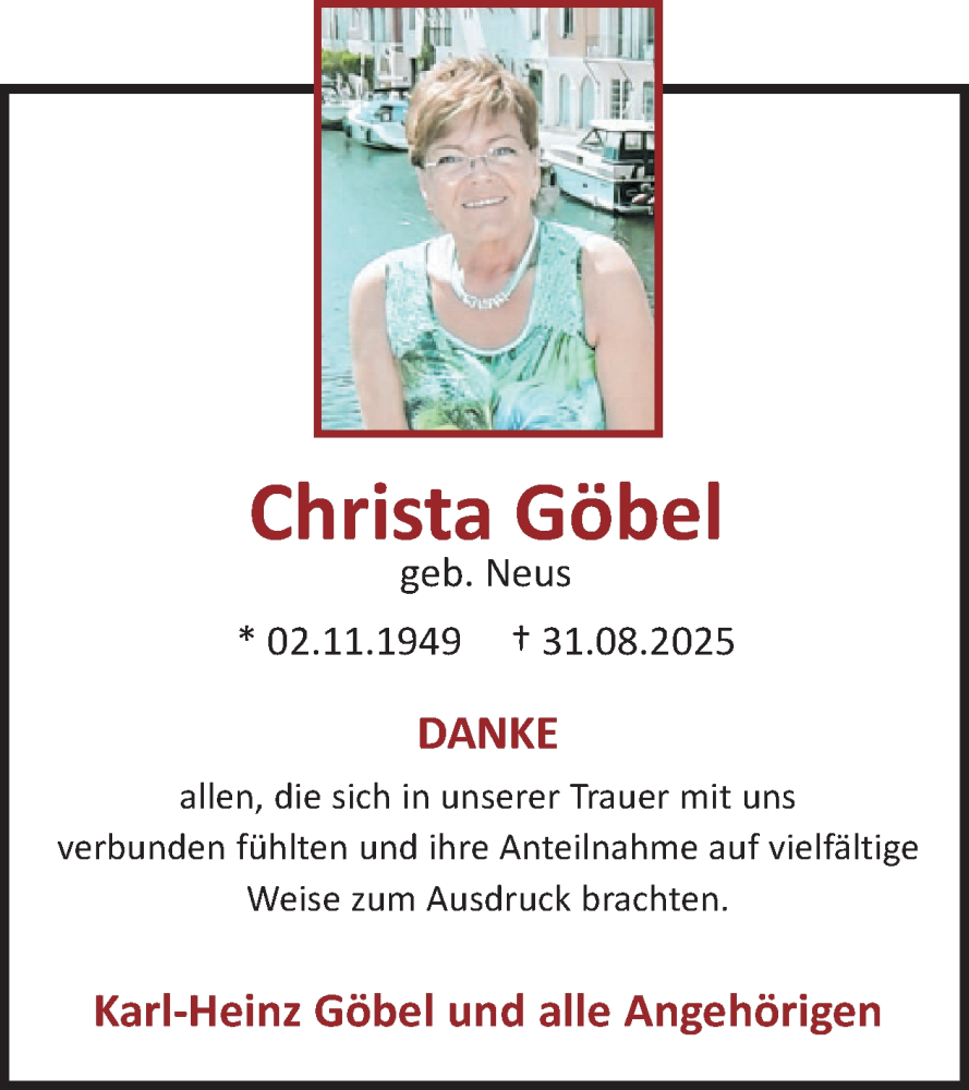  Traueranzeige für Christa Göbel vom 15.10.2025 aus WochenSpiegel