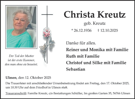 Traueranzeige von Christa Kreutz von WochenSpiegel