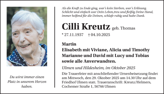 Traueranzeige von Cilli Kreutz von WochenSpiegel