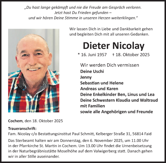 Traueranzeige von Dieter Nicolay von WochenSpiegel