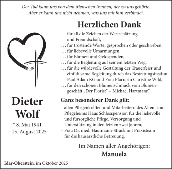 Traueranzeige von Dieter Wolf von WochenSpiegel