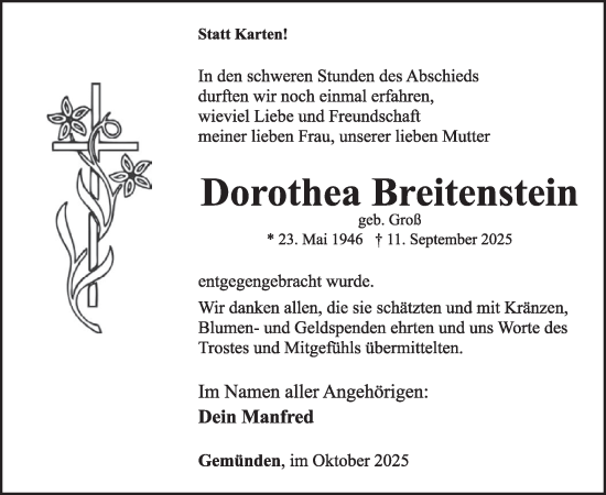 Traueranzeige von Dorothea Breitenstein von WochenSpiegel