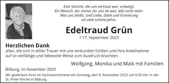 Traueranzeige von Edeltraud Grün von WochenSpiegel