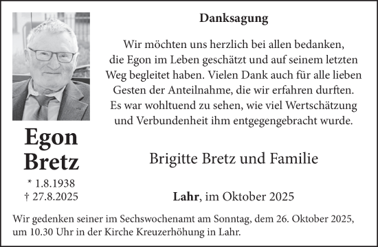 Traueranzeige von Egon Bretz von WochenSpiegel
