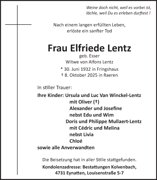 Traueranzeige von Elfriede Lentz von WochenSpiegel