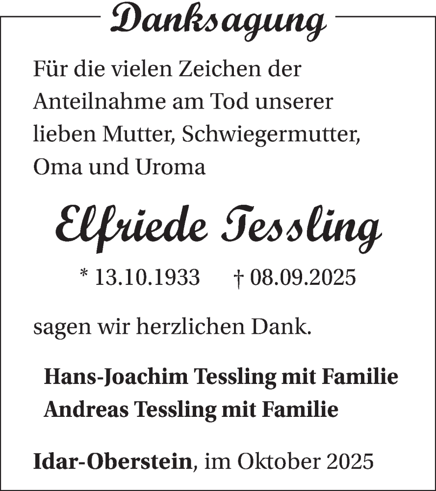  Traueranzeige für Elfriede Tessling vom 25.10.2025 aus WochenSpiegel