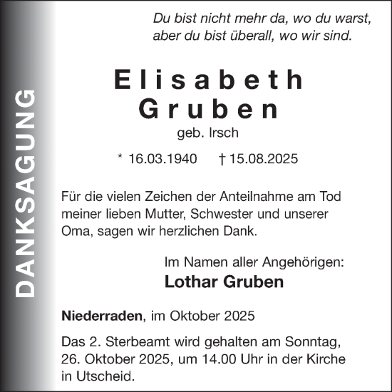 Traueranzeige von Elisabeth Gruben von WochenSpiegel
