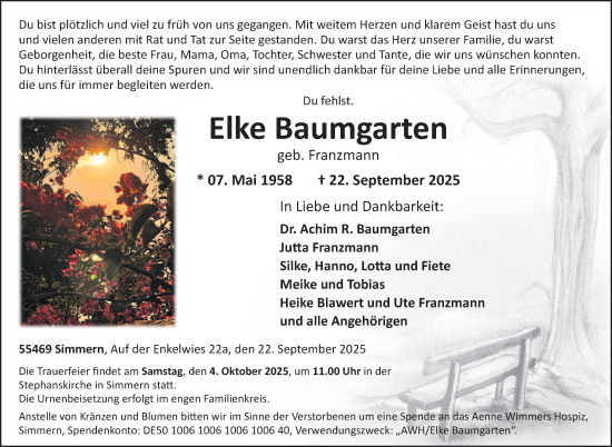 Traueranzeige von Elke Baumgarten von WochenSpiegel