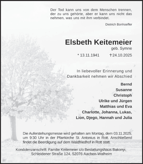 Traueranzeige von Elsbeth Keitemeier von WochenSpiegel