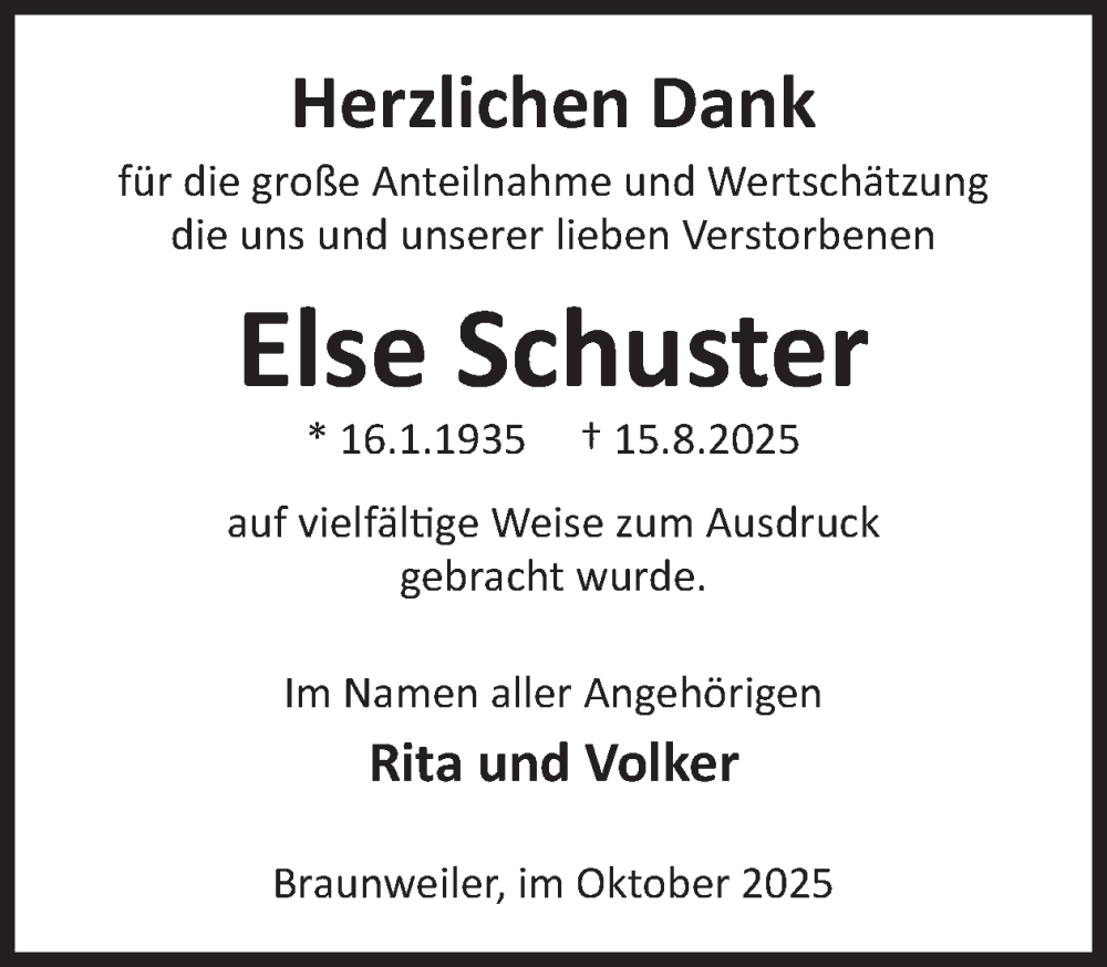  Traueranzeige für Else Schuster vom 11.10.2025 aus WochenSpiegel