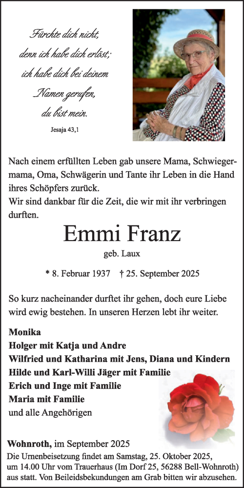 Traueranzeige von Emmi Franz von WochenSpiegel