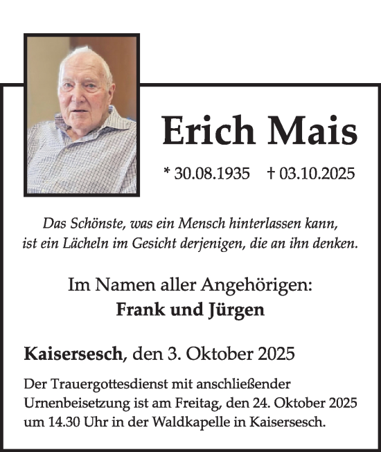 Traueranzeige von Erich Mais von WochenSpiegel