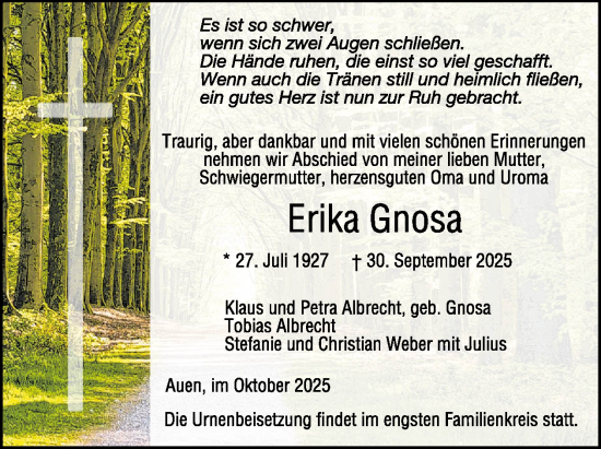 Traueranzeige von Erika Gnosa von WochenSpiegel