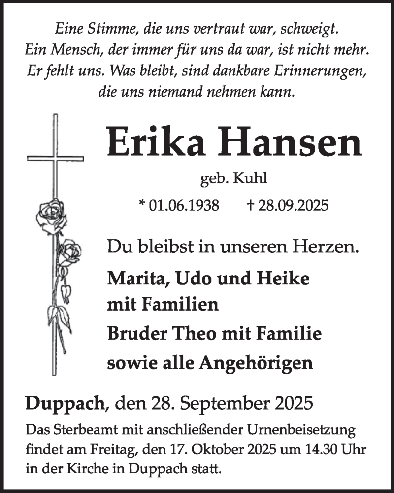  Traueranzeige für Erika Hansen vom 11.10.2025 aus WochenSpiegel