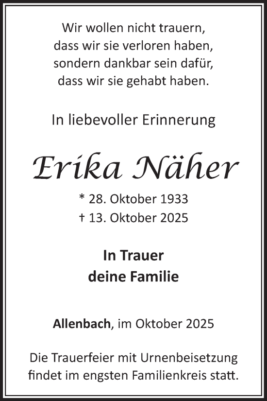 Traueranzeige von Erika Näher von WochenSpiegel