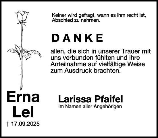 Traueranzeige von Erna Lel von WochenSpiegel