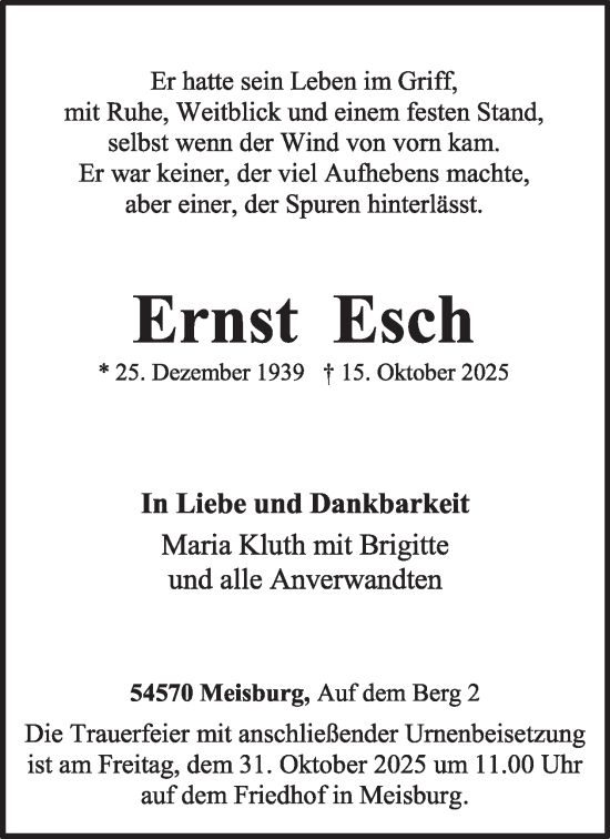 Traueranzeige von Ernst Esch von WochenSpiegel