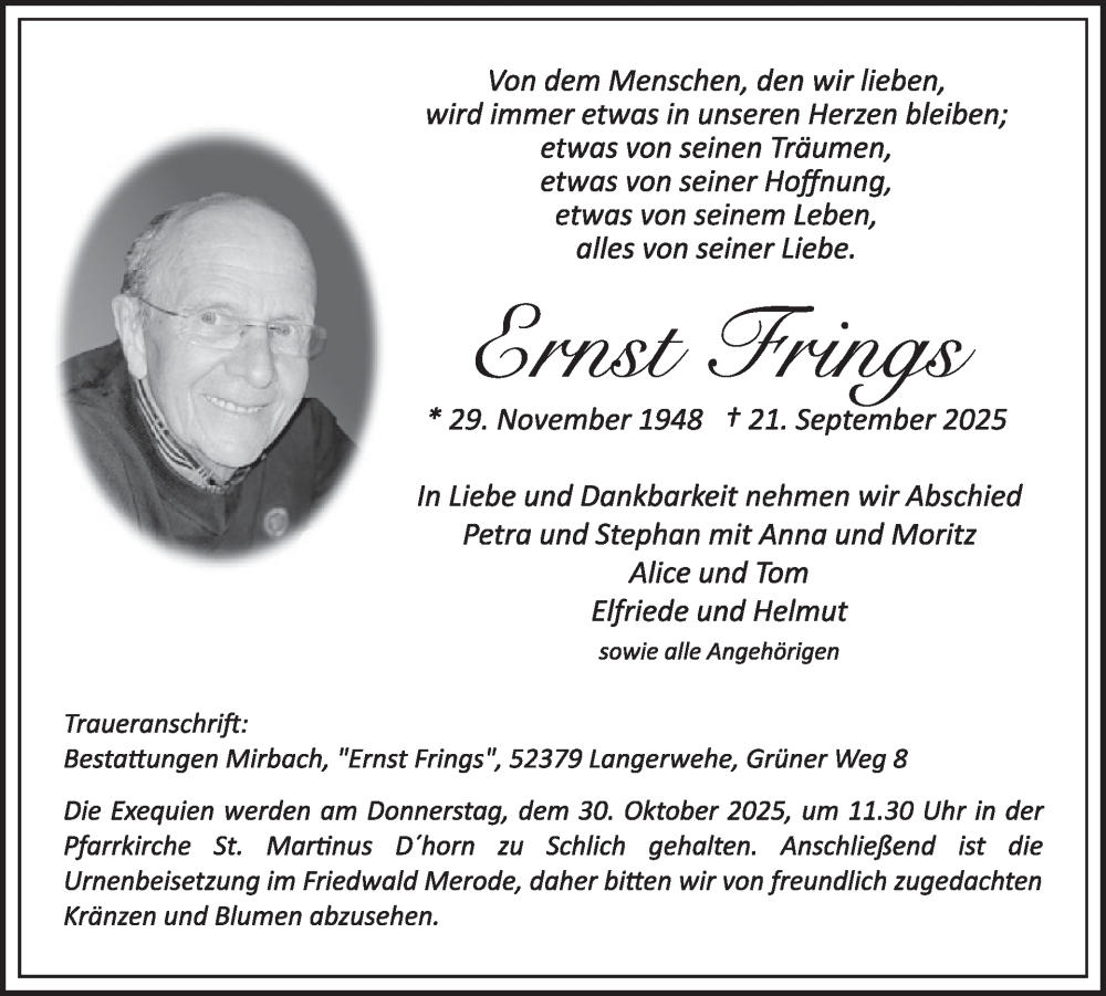  Traueranzeige für Ernst Frings vom 22.10.2025 aus WochenSpiegel