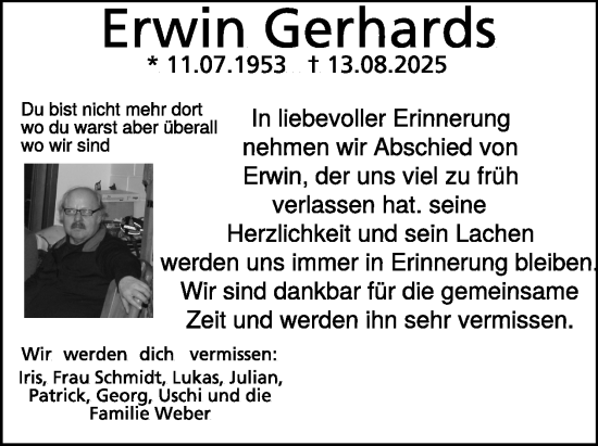 Traueranzeige von Erwin Gerhards von WochenSpiegel