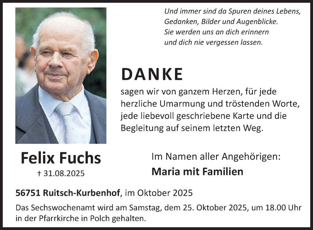  Traueranzeige für Felix Fuchs vom 15.10.2025 aus WochenSpiegel