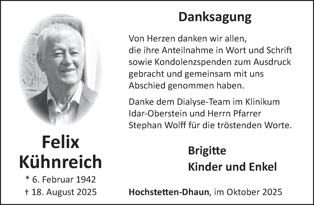  Traueranzeige für Felix Kühnreich vom 04.10.2025 aus WochenSpiegel