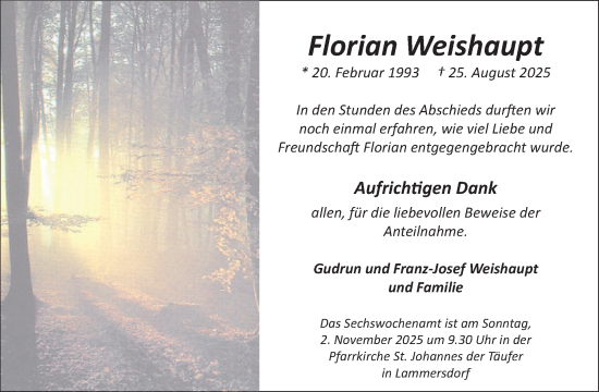 Traueranzeige von Florian Weishaupt von WochenSpiegel