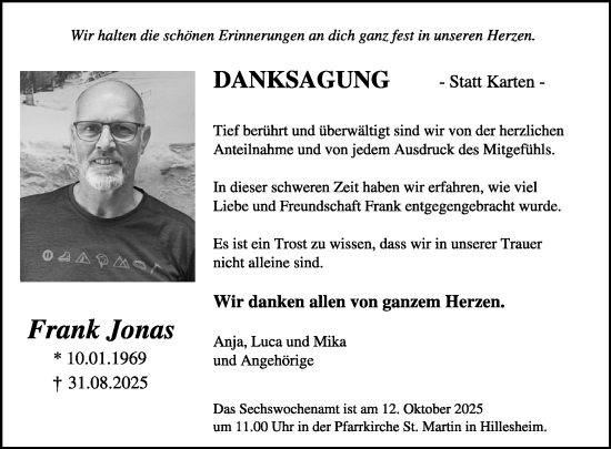 Traueranzeige von Frank Jonas von WochenSpiegel