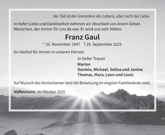 Traueranzeige von Franz Gaul von WochenSpiegel