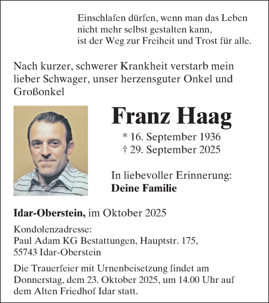 Traueranzeige von Franz Haag von WochenSpiegel