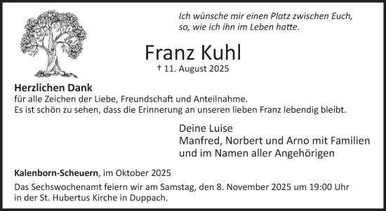 Traueranzeige von Franz Kuhl von WochenSpiegel