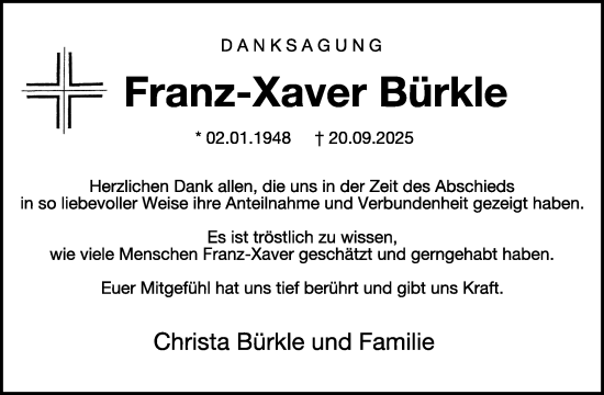 Traueranzeige von Franz-Xaver Bürkle von WochenSpiegel