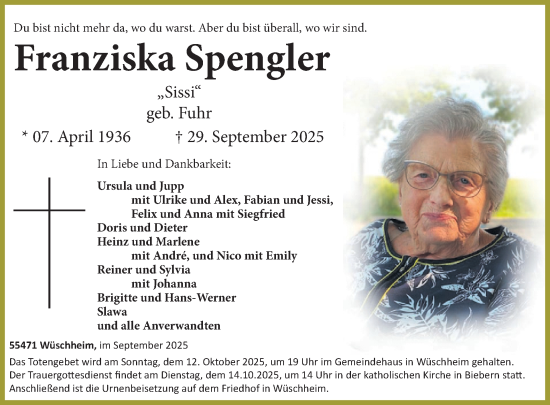 Traueranzeige von Franziska Spengler von WochenSpiegel
