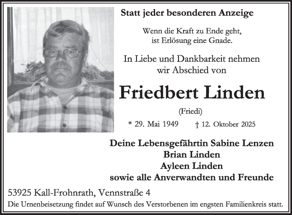  Traueranzeige für Friedbert Linden vom 22.10.2025 aus WochenSpiegel