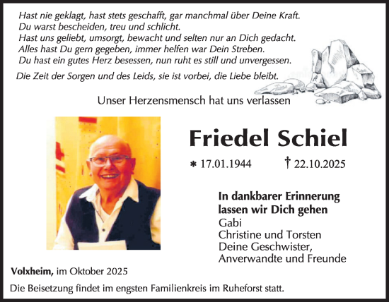 Traueranzeige von Friedel Schiel von WochenSpiegel