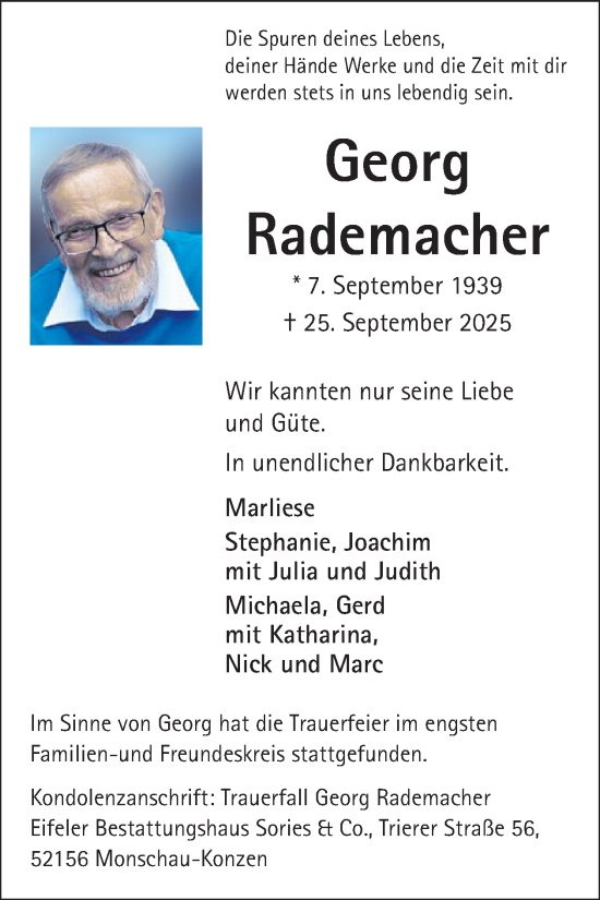Traueranzeige von Georg Rademacher von WochenSpiegel